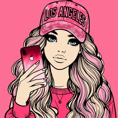 realistic beautiful girl wearing los ángeles cap holding an iphone