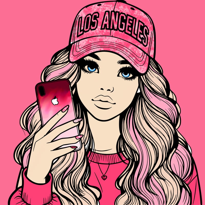realistic beautiful girl wearing los ángeles cap holding an iphone