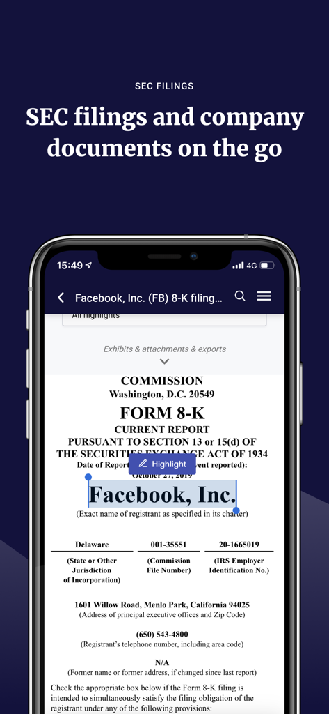 wallmine: Stocks & Bitcoin - A smartphone screen displaying an SEC Form 8-K filing for Facebook Inc within the wallmine app