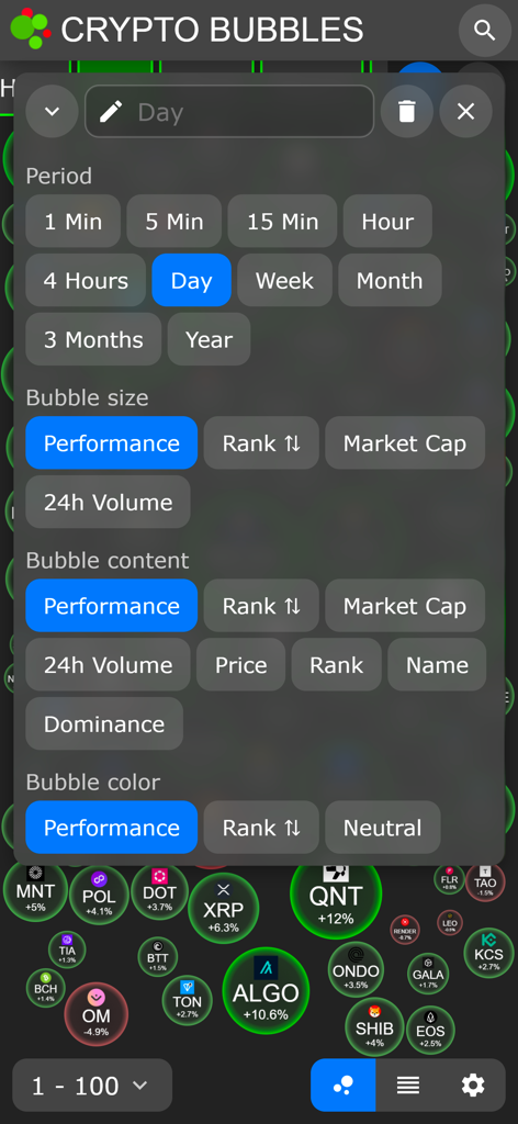 Crypto Bubbles - A customization panel in the Crypto Bubbles app for adjusting chart timeframes bubble sizes and content types