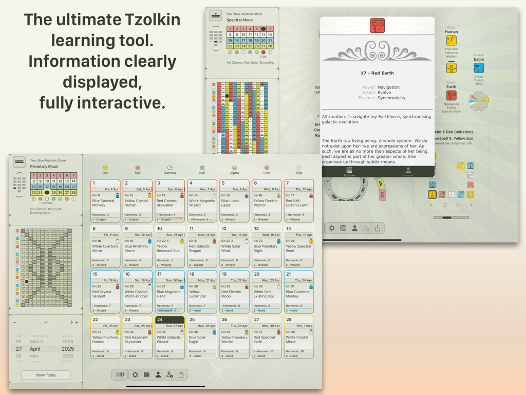 13:20:Sync - DB - iPad screens showing the 13:20:Sync Mayan Dreamspell calendar and Tzolkin learning tool interface.