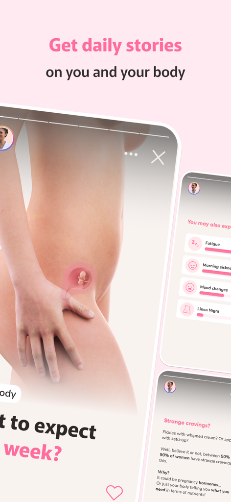 L'interface de l'application WeMoms présente un modèle 3D d'un corps de femme enceinte et des articles sur les symptômes et les envies de grossesse.