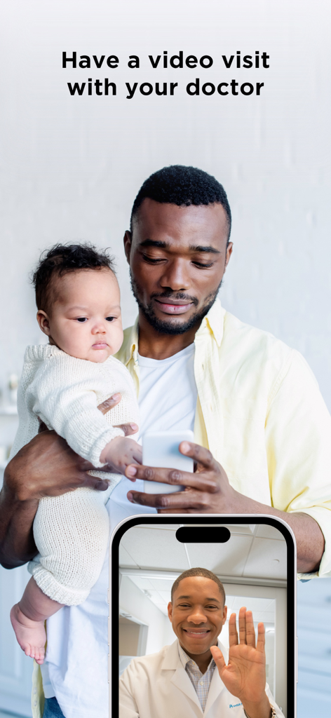 My Doctor Online (NCAL Only) - A father holding a baby while having a video call with a doctor on the My Doctor Online app