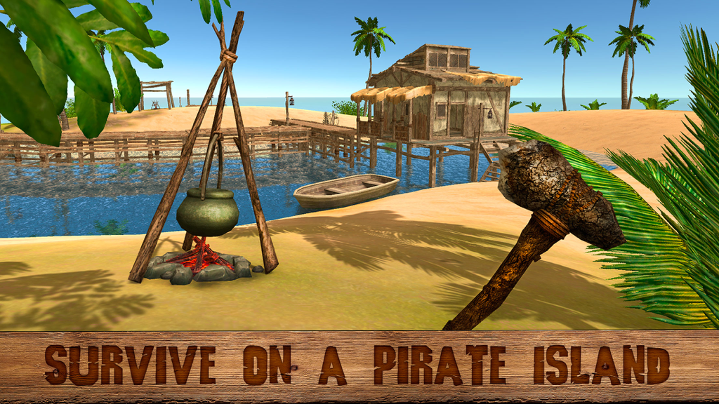 Pirate Island Survival Simulator 3D - Campamento de supervivencia en una isla tropical con una hoguera y un hacha de piedra primitiva