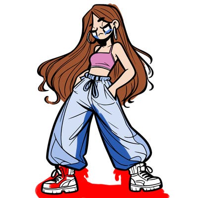 girl in baggy pants crop top and long hair