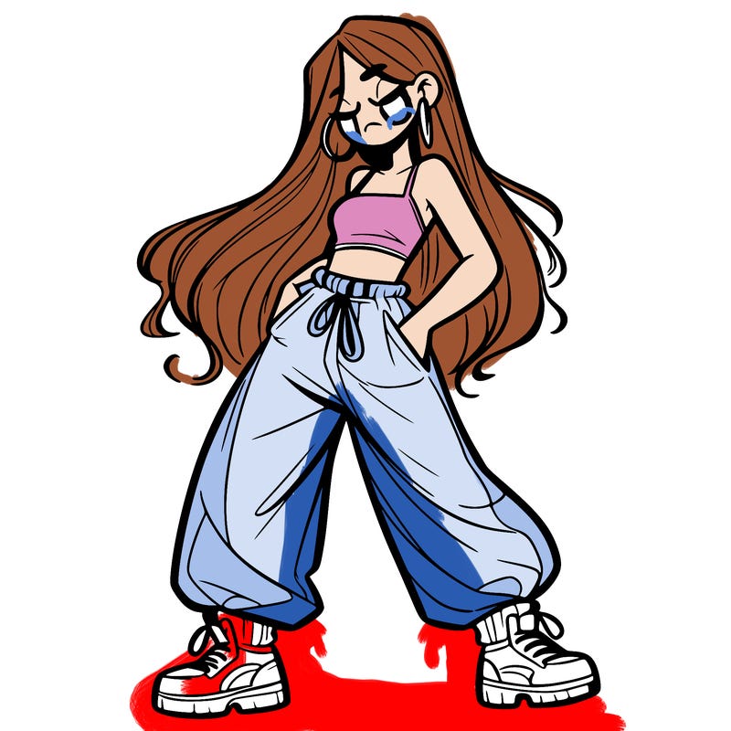 girl in baggy pants crop top and long hair