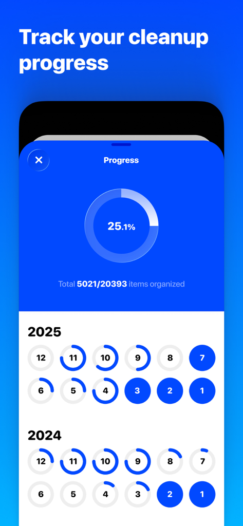 Photos Cleaner: Minus Photos - Interfaccia dell'app Minus Photos che mostra un cerchio di avanzamento e lo stato di organizzazione mensile delle foto per il 2024 e il 2025
