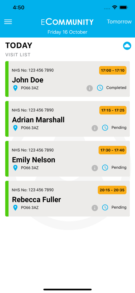 eCommunity - eCommunity mobile app interface showing a daily list of patient visits with appointment times and locations for healthcare professionals