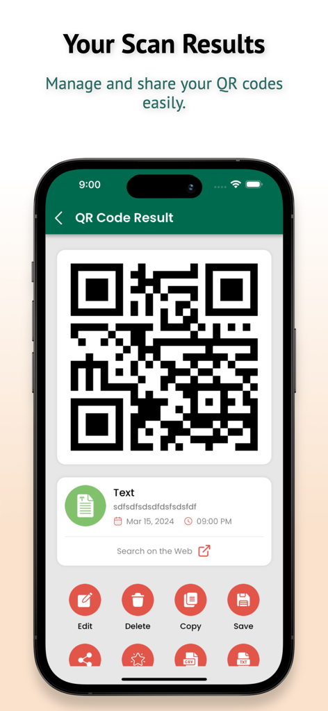 EasyScan: Barcode & QR Scanner - Pantalla del iPhone que muestra el resultado de un escaneo de código QR con opciones para editar, eliminar, copiar y guardar dentro de la aplicación EasyScan.