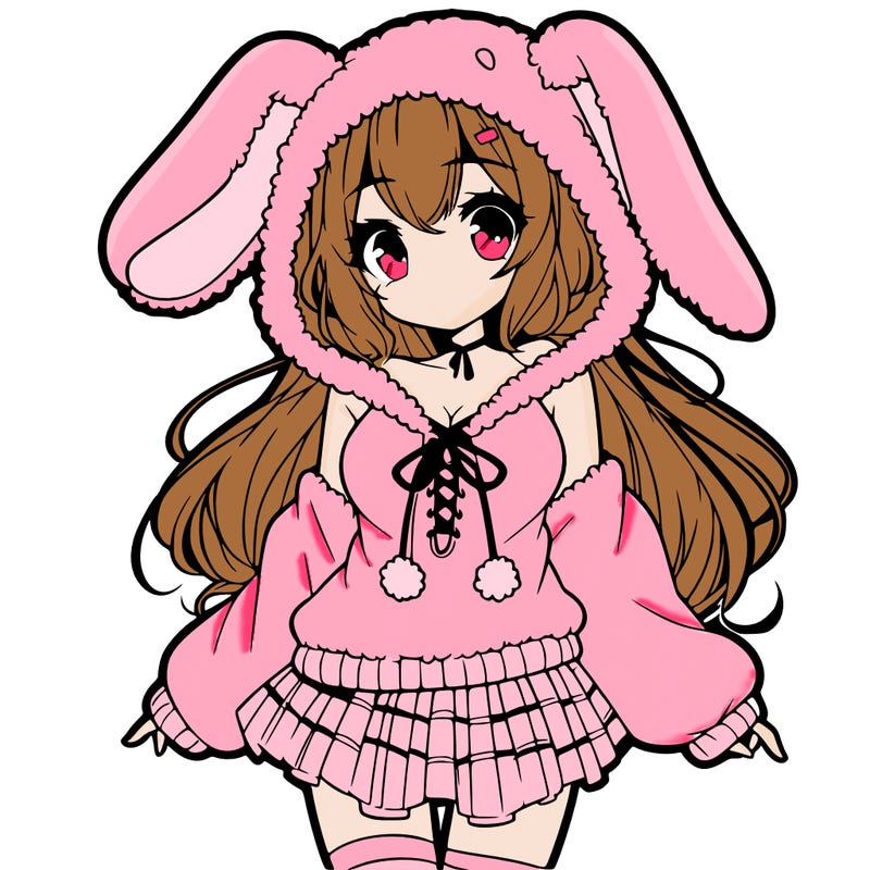 pretty anime girl wearing a fluffy hoodie with bunny ears on the hood and a skirt