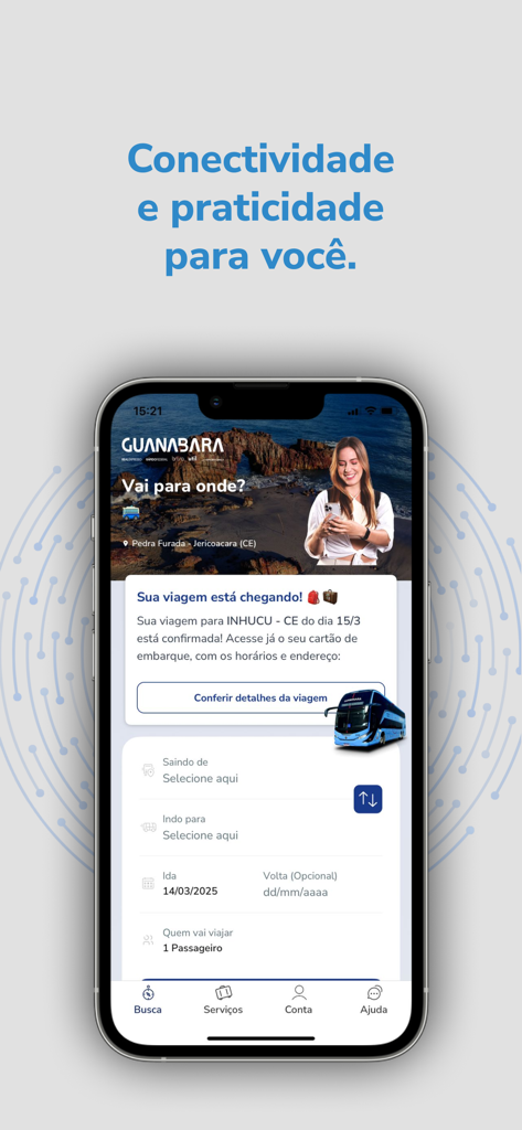 Guanabara: passagens de ônibus - Pantalla de smartphone mostrando la interfaz de la app Guanabara para reservar billetes de autobús en Brasil