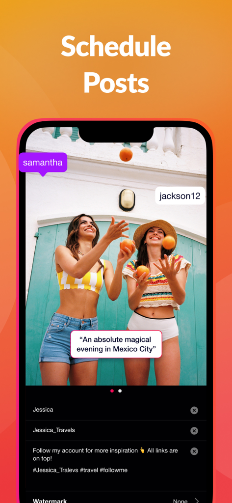 Interface of the Repost+ for Instagram app showing the schedule posts feature with a photo of two women and editable caption fields