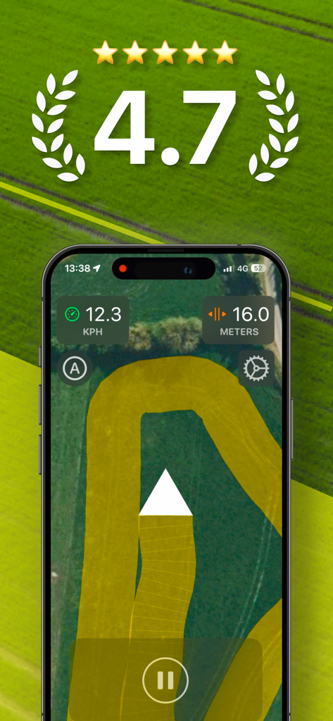 Interface do aplicativo Tractor GPS mostrando um caminho de orientação de campo e uma classificação de 4,7 estrelas
