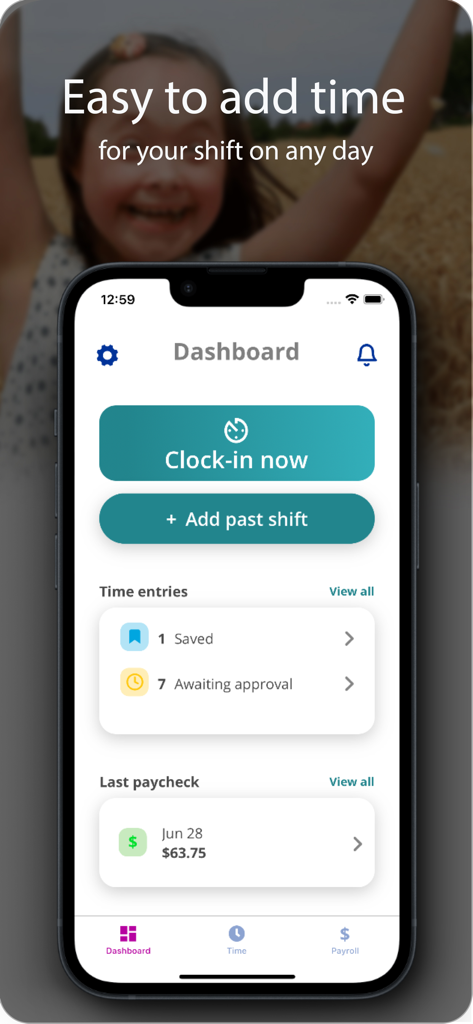 Time4Care app dashboard on a smartphone showing buttons for clock-in and adding past shifts