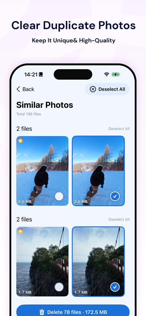 Interfaz de la aplicación CleanGo que muestra grupos de fotos similares seleccionadas para su eliminación y liberar espacio de almacenamiento.