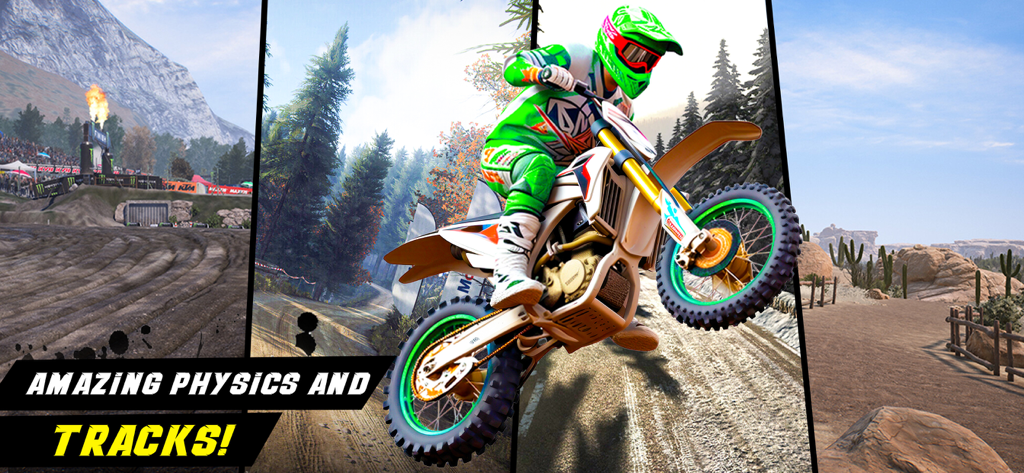 Un piloto de motocross realizando un salto en el aire en Dirt Bike Racing Simulator 3D mostrando varias pistas todoterreno.