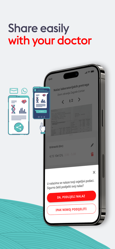 Meddox - Smartphone screen showing the Meddox app interface for sharing medical records and lab results with a doctor