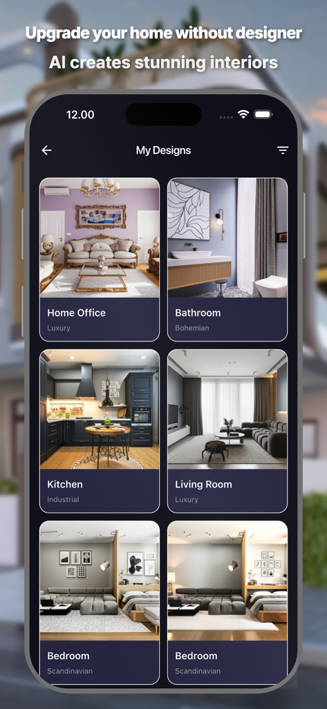 AI Home Decor : Room Makeover - A gallery of AI generated interior design ideas for different rooms in various styles like luxury and scandinavian