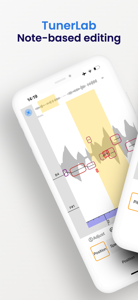 TunerLab Audio Editor - Captura de tela do aplicativo móvel TunerLab demonstrando edição de afinação vocal baseada em notas e manipulação de forma de onda de áudio.