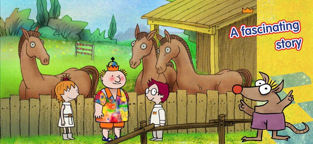 Fritz and Chesster characters in a story scene with horses
