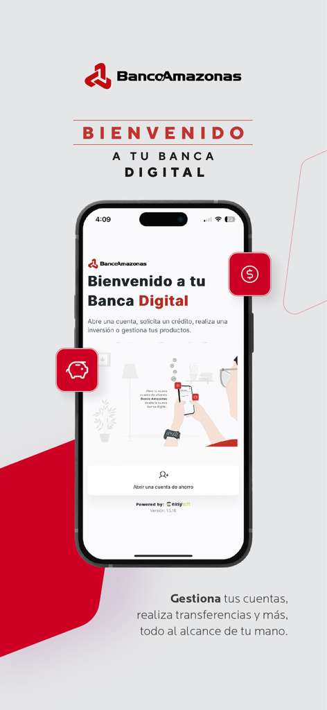 Banco Amazonas digital banking app welcome screen on a smartphone showing account management options