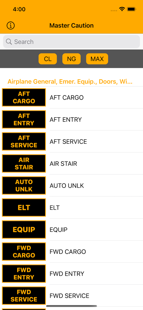 737 Master Caution - Boeing 737 Master Caution app screen showing a list of cockpit warning lights and annunciators categorized by aircraft family