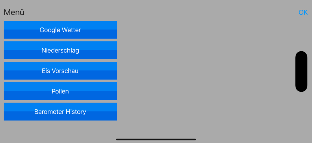 The menu screen of the LCD Weather Display app featuring options for precipitation, ice preview, and barometer history.