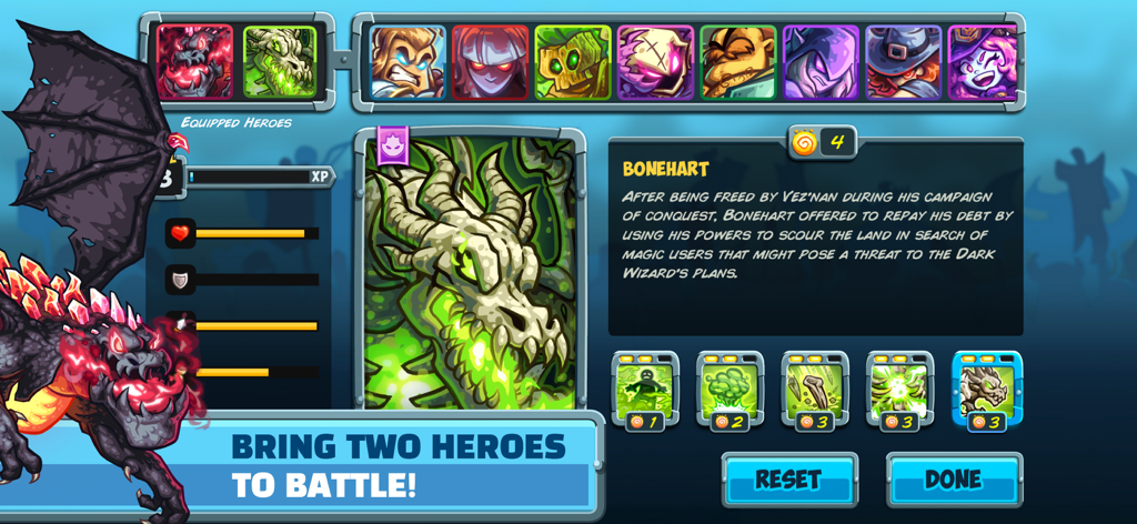 Kingdom Rush 5: Alliance TD - Pantalla de selección de héroes en Kingdom Rush 5 Alliance presentando al dragón Bonehart y la mecánica de batalla de héroes duales.