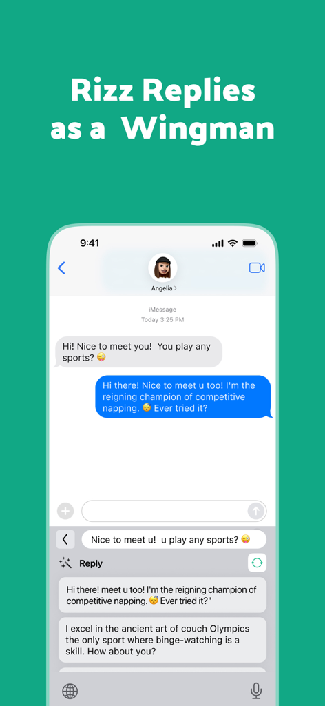 RizzKey -AI Emoji Keyboard - Una captura de pantalla de la app RizzKey que muestra ingeniosas respuestas generadas por IA para una conversación de texto actuando como copiloto.