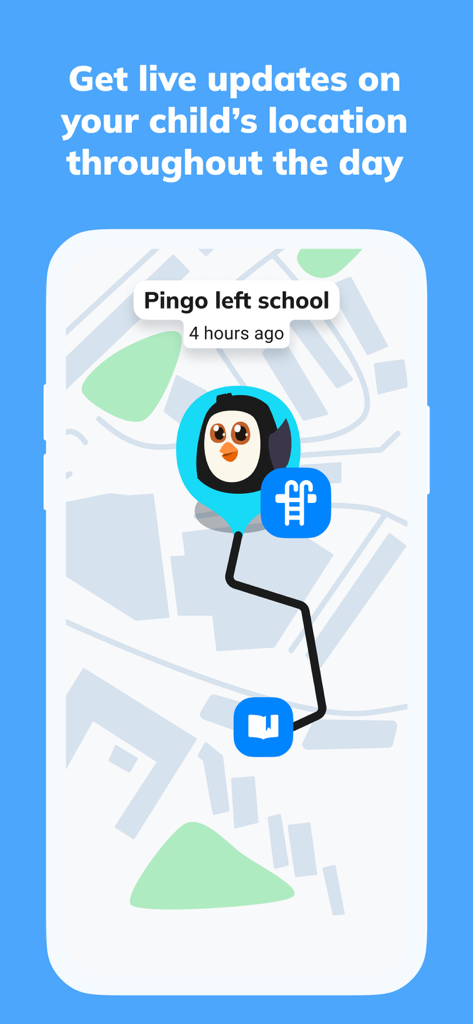 Pingo by Findmykids - Interfaz de la aplicación Pingo mostrando la ubicación en vivo de un niño y el historial de movimientos en un mapa