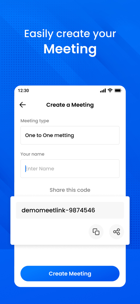 Oberfläche zum Erstellen eines neuen Videomeetings und zum Teilen eines Meeting-Codes ohne Login