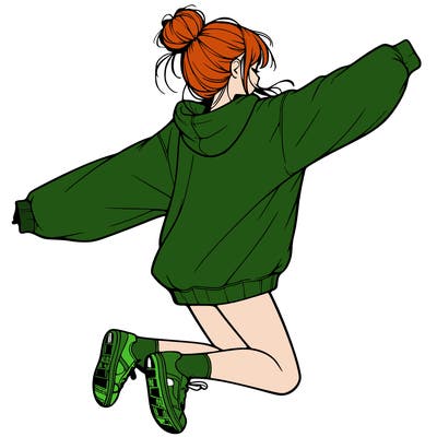 realistic girl jumping with a bun and oversized sweatshirt
