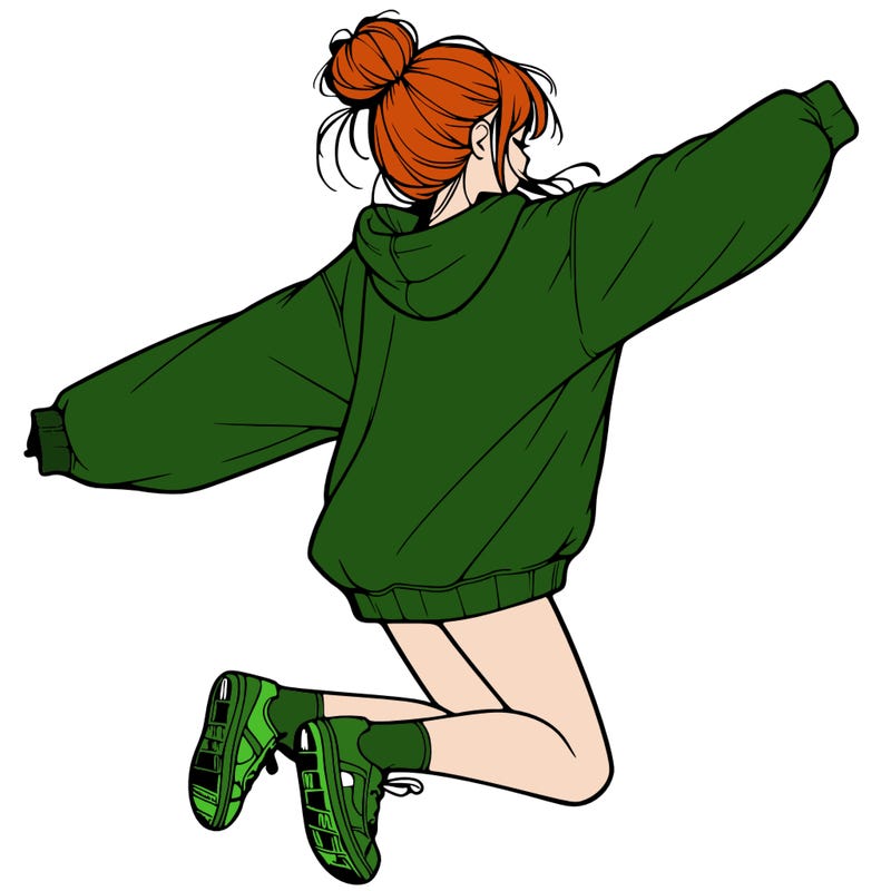 realistic girl jumping with a bun and oversized sweatshirt