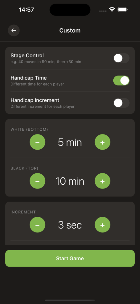 Chess Clock - Game Timer - Interfaccia delle impostazioni personalizzate di tempo e handicap per Scacchiera Cronometro di Gioco.