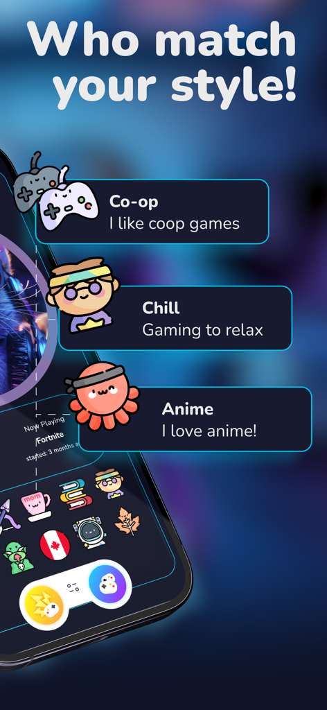 Noobly mobile app screen showing gamer interest tags for co-op chill gaming and anime