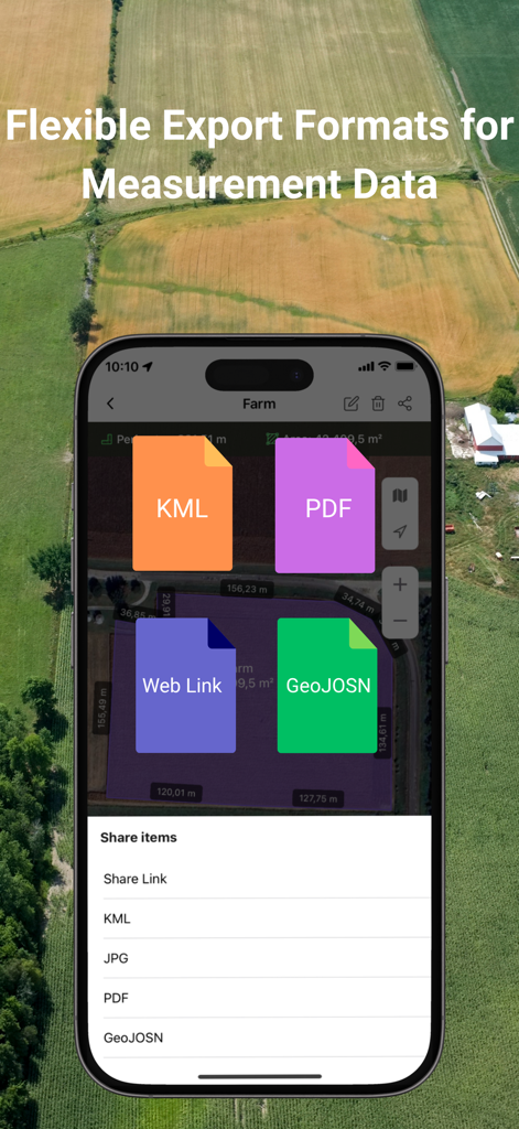 GPS Area Measure: GLandGo - Pantalla de la aplicación GLandGo que muestra formatos de exportación flexibles para datos de medición de terrenos, incluyendo KML PDF y GeoJSON sobre una vista aérea de campo
