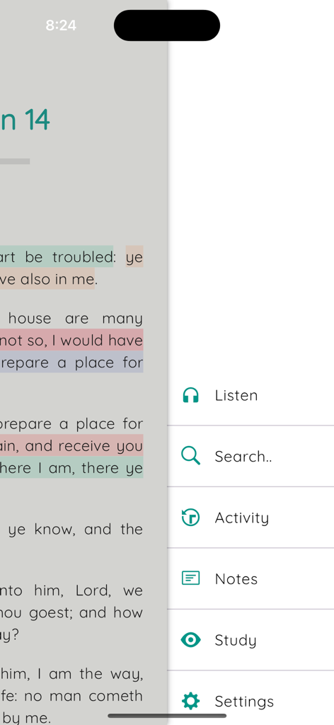 ionBible: Read, Study & Listen - ionBible app sidebar menu showing study tools and highlighted scripture verses