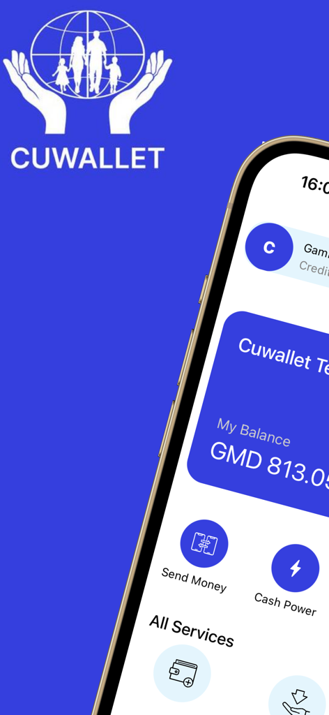 CU Wallet mobile app dashboard showing account balance in Gambian Dalasi and financial services