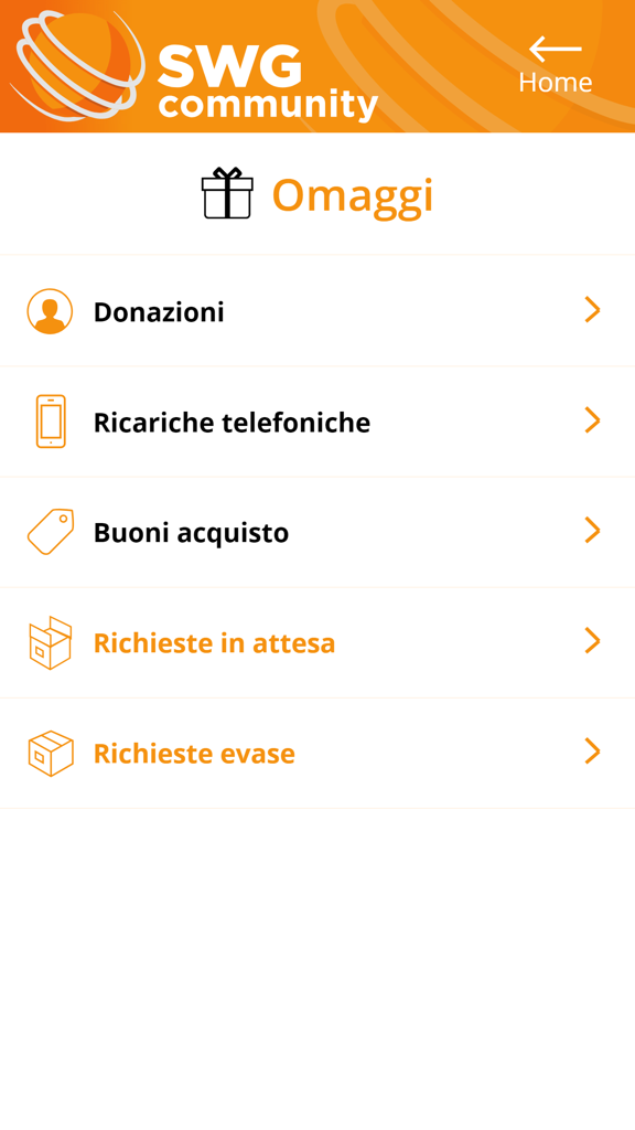 SWG Community - The rewards screen of the SWG Community app showing options for donations, phone recharges, and shopping vouchers in Italian.