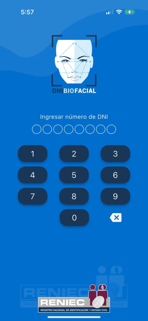 DNI BioFacial - Login screen of the DNI BioFacial app by RENIEC featuring a numeric keypad for Peruvian ID entry