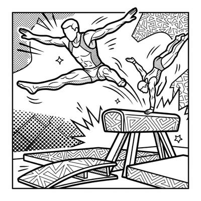 Experience the power and grace of vault gymnastics reimagined in a vibrant Pop Art style. This captivating coloring page captures athletes in mid-action, ready for your creative touch.