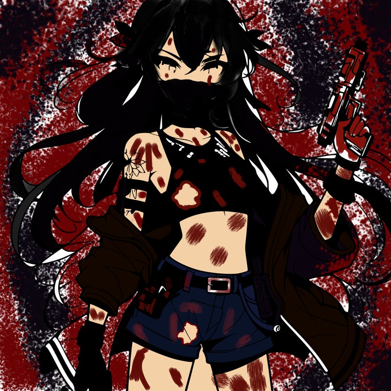 bad girl wearing crop top holding a gun long hair anime