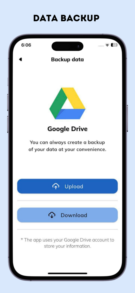 Bridge Calc: Draft & Ballast - Screenshot of the Bridge Calc app showing the Google Drive data backup interface with upload and download buttons for maritime professionals.