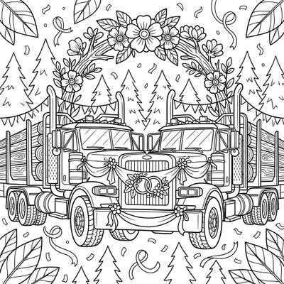 Witness an extraordinary union with this unique coloring page featuring two logging trucks adorned for a wedding. Dive into a world where industrial strength meets romantic charm, ready for your creative touch.