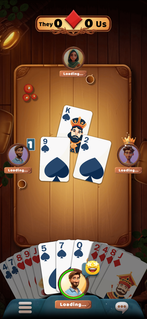 HakemSho - Pantalla de juego de HakemSho mostrando un juego de cartas de bazas en una mesa de madera con avatares de jugadores y un palo de diamantes como triunfo.