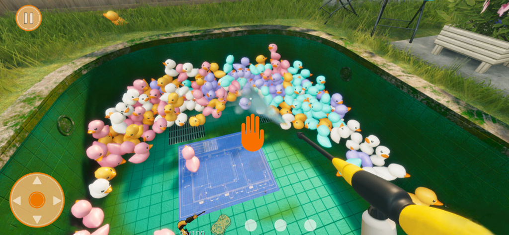 Perspectiva en primera persona de lavado a presión de una piscina llena de patos de goma en un simulador de limpieza