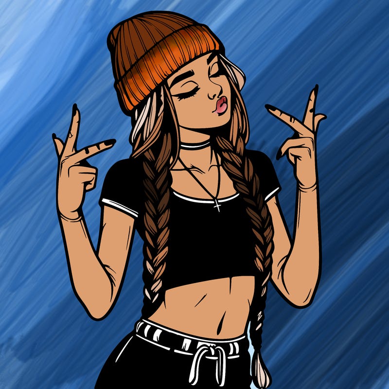 realistic teenage girl with braids and a beanie and crop top doing 🫶🏼