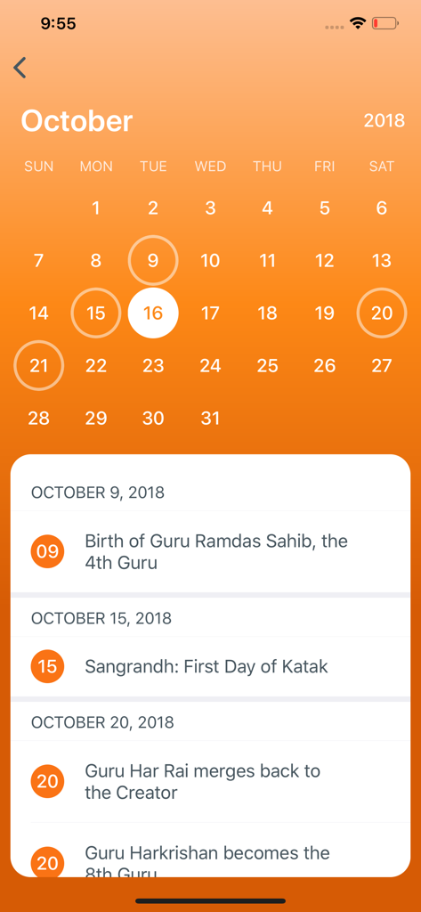 Gurbani - Gurbani app Sikh calendar interface showing religious holidays for October