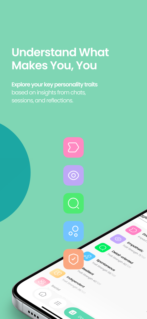 New Me: AI for Self-Awareness - Smartphone screen from the New Me app showing a list of personality traits like empathy and resilience with strength scores.