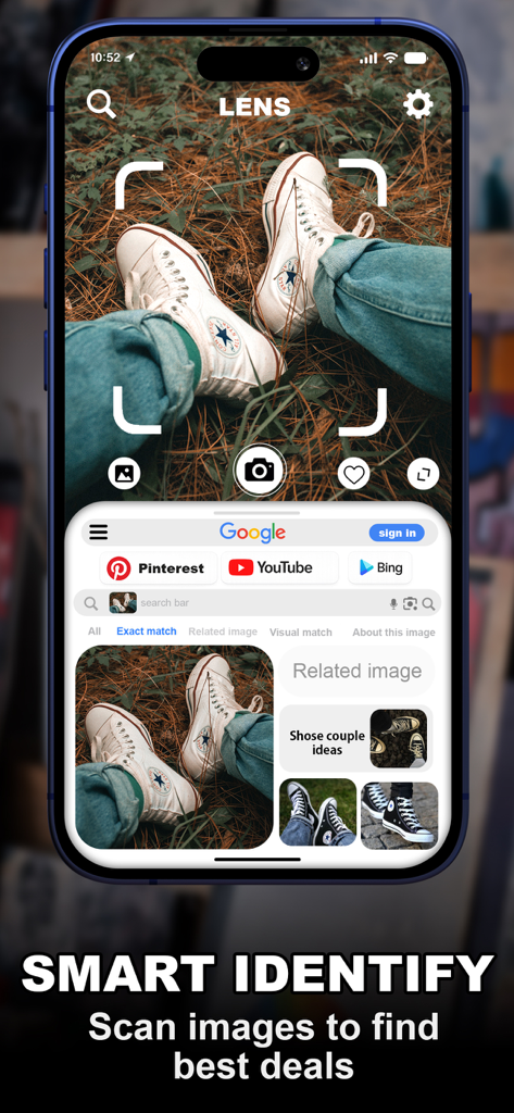 Lens: AI Scan Image & Text - A smartphone screen showing the Lens AI app's Smart Identify feature scanning a pair of white sneakers to find shopping deals and similar products